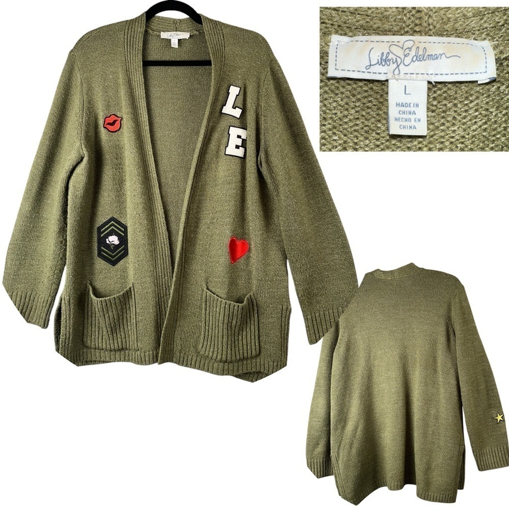 Libby Edelman Sweater Womens Large Green Letterman Patch Knit Y2K Boho Preppy